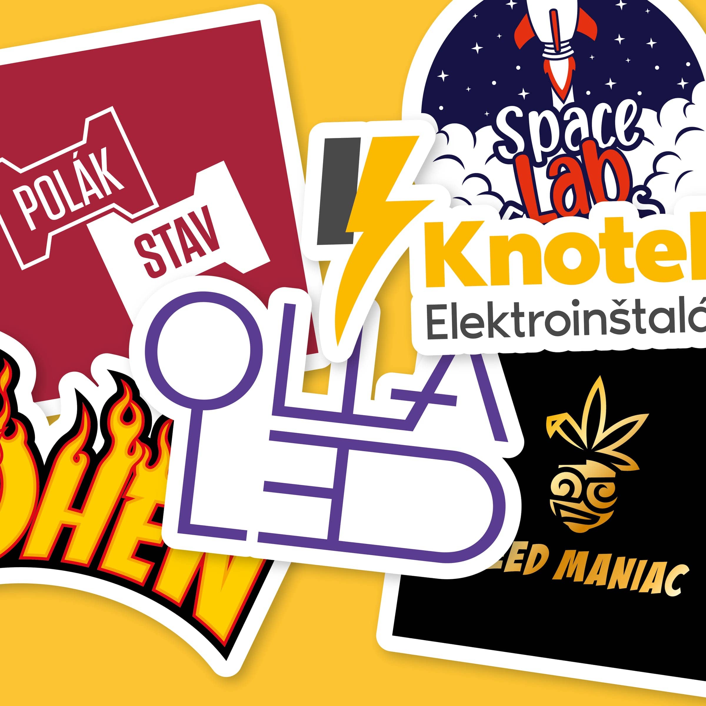 Logá od LIL MEM ako samolepky – POLÁKSTAV, Knotek, Space Lab, OLLA LED, Weed Maniac a Oheň