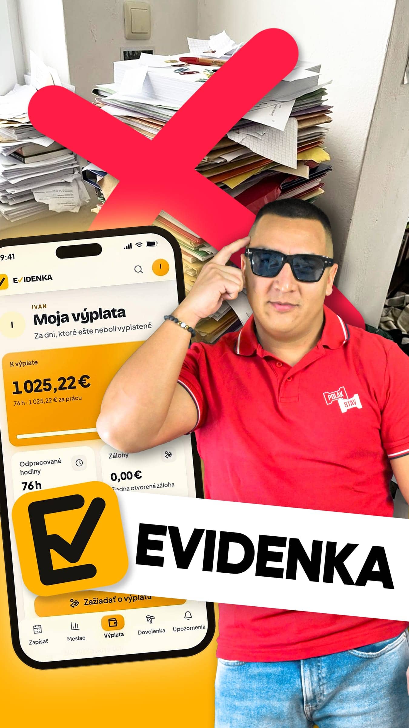 Thumbnail pre aplikáciu Evidenka – muž v červenom tričku a mobil s výplatou